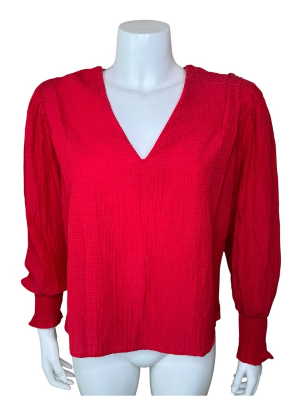 Scotch & Soda Seersucker V-neck Top Blouse 38 Medium Smocked Cuffs Red